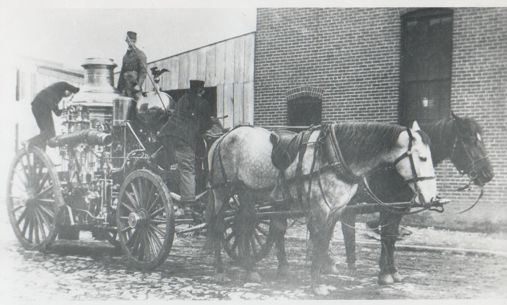 This 1889 photo shows a Baltimore City, MD, Fire Department LaFrance steamer. Note the saddle on the horse in the foreground &ndash; before seats were installed on apparatus, the hostler (a groom or stableman) rode to fires on one of the horses.