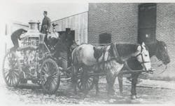 This 1889 photo shows a Baltimore City, MD, Fire Department LaFrance steamer. Note the saddle on the horse in the foreground &ndash; before seats were installed on apparatus, the hostler (a groom or stableman) rode to fires on one of the horses.