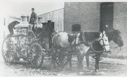 This 1889 photo shows a Baltimore City, MD, Fire Department LaFrance steamer. Note the saddle on the horse in the foreground – before seats were installed on apparatus, the hostler (a groom or stableman) rode to fires on one of the horses. This 1889 photo shows a Baltimore City, MD, Fire Department LaFrance steamer. Note the saddle on the horse in the foreground – before seats were installed on apparatus, the hostler (a groom or stableman) rode to fires on one of the horses.