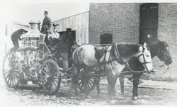 This 1889 photo shows a Baltimore City, MD, Fire Department LaFrance steamer. Note the saddle on the horse in the foreground &ndash; before seats were installed on apparatus, the firehouse&rsquo;s hostler (a groom or stableman) rode to fires on one of the horses.