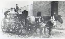 This 1889 photo shows a Baltimore City, MD, Fire Department LaFrance steamer. Note the saddle on the horse in the foreground – before seats were installed on apparatus, the firehouse’s hostler (a groom or stableman) rode to fires on one of the horses. This 1889 photo shows a Baltimore City, MD, Fire Department LaFrance steamer. Note the saddle on the horse in the foreground – before seats were installed on apparatus, the firehouse’s hostler (a groom or stableman) rode to fires on one of the horses.