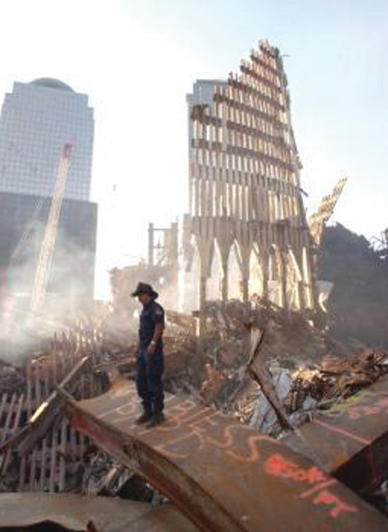 Rescue workers continue their efforts at the World Trade Center on Oct. 5, 2001.