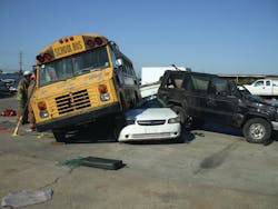 The setup for a bus-vs.-car scenario. Extrication scenarios should be challenging, but never impossible.