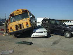 The setup for a bus-vs.-car scenario. Extrication scenarios should be challenging, but never impossible. The setup for a bus-vs.-car scenario. Extrication scenarios should be challenging, but never impossible.