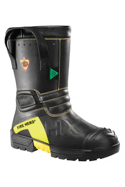 HAIX has introduced the Fire Hero Xtreme boot for structural firefighting. Two years in development, the boot is certified to NFPA 1971-2007 and NFPA 1992-2008. It is constructed with HAIX’s new Sun Reflect leather that reduces the heating effect of the leather by direct sunlight while at the same time providing leather that is water resistant and breathable. The boot’s lower 11-inch profile offers an alternate fit for those who are not comfortable wearing a taller 14-inch boot. The new Water Ice Grip System built into the sole ensures extreme slip resistance and optimal performance in water, ice or snow. The Easy Slip Out System is designed with an integrated boot jack for easy and convenient removal of the boot. The CROSSTECH inner liner features the HAIX Secura Liner that will not pull out or wrinkle over time and offers additional protection from chemicals and body fluids.