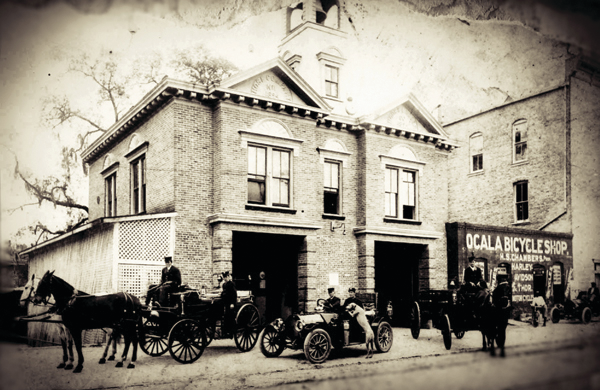 The City of Ocala, FL, Fire Department was established in 1885, when the city&rsquo;s volunteer firefighters were organized into a career department. This photo taken in 1915 shows the department&rsquo;s first motorized apparatus, a chief&rsquo;s buggy. The following year, all fire apparatus were motorized and the fire horses were given to the Sanitation Department to pull garbage wagons.