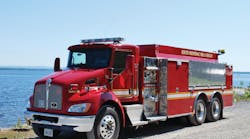 This custom pumper/tanker built for the Township of South Frontenac, Ontario, is the first custom apparatus built by Arnprior Fire Trucks Corp., a manufacturer formed in late 2010. The apparatus features a Kenworth T300 Series chassis, 380-hp Paccar P-8 engine, 1,000-gpm Hale MBP PTO pump, 2,500-Imperial gallon custom semi-elliptical aluminum water tank, enclosed portable tank and hard-suction hose storage and LED lighting. www.arnpriorfiretrucks.net This custom pumper/tanker built for the Township of South Frontenac, Ontario, is the first custom apparatus built by Arnprior Fire Trucks Corp., a manufacturer formed in late 2010. The apparatus features a Kenworth T300 Series chassis, 380-hp Paccar P-8 engine, 1,000-gpm Hale MBP PTO pump, 2,500-Imperial gallon custom semi-elliptical aluminum water tank, enclosed portable tank and hard-suction hose storage and LED lighting. www.arnpriorfiretrucks.net