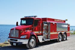This custom pumper/tanker built for the Township of South Frontenac, Ontario, is the first custom apparatus built by Arnprior Fire Trucks Corp., a manufacturer formed in late 2010. The apparatus features a Kenworth T300 Series chassis, 380-hp Paccar P-8 engine, 1,000-gpm Hale MBP PTO pump, 2,500-Imperial gallon custom semi-elliptical aluminum water tank, enclosed portable tank and hard-suction hose storage and LED lighting. www.arnpriorfiretrucks.net