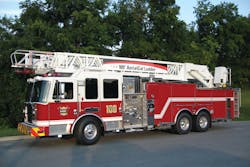 KME has introduced the 109-foot AerialCat rearmount ladder, the newest addition to the steel-ladder line that includes the 79-foot, 100-foot, 103-foot and 121-foot AerialCat apparatus. Mounted on a KME Predator tandem-rear-axle chassis with a 500-hp engine, the ladder is available with an unrestricted 750-pound tip load dry and a 500-pound tip load while flowing 1,500 gpm. The KME ladder is constructed of 100,000-psi steel and engineered with a 2:1 structural safety factor based on a 750-pound NFPA 1901-rated tip load. With the elevation range of &ndash;8 to +80 degrees and a &ldquo;Store Front Blitz&rdquo; monitor, firefighters can perform interior attacks with just the ladder and monitor. In addition, the new apparatus is easy to maneuver with a short wheelbase and 16-foot outrigger stance.
