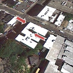 Photo 1: This overhead view of a multi-story occupancy depicts the choke point in the roof area where the trench cut can be made. Photo 1: This overhead view of a multi-story occupancy depicts the choke point in the roof area where the trench cut can be made.