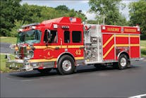 Engine 42 is a 2001 Spartan Gladiator chassis with aluminum bodywork by Rosenbauer, equipped with a 1,500 gpm pump and a 1,500-gallon water tank.