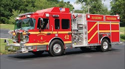 Engine 42 is a 2001 Spartan Gladiator chassis with aluminum bodywork by Rosenbauer, equipped with a 1,500 gpm pump and a 1,500-gallon water tank.