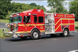 Engine 42 is a 2001 Spartan Gladiator chassis with aluminum bodywork by Rosenbauer, equipped with a 1,500 gpm pump and a 1,500-gallon water tank. Engine 42 is a 2001 Spartan Gladiator chassis with aluminum bodywork by Rosenbauer, equipped with a 1,500 gpm pump and a 1,500-gallon water tank.