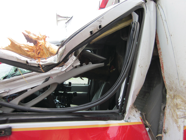 A close-up of the log at the driver&rsquo;s A-post.