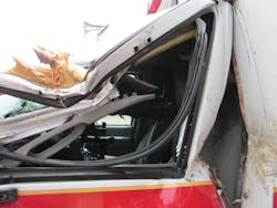 A close-up of the log at the driver’s A-post. A close-up of the log at the driver’s A-post.