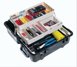PELICAN PRODUCTS INC. has introduced the 1460TOOL mobile tool chest, featuring a two-level, extra-deep, customizable tray system that lifts out of the case on reinforced stainless-steel brackets. The trays, with interchangeable dividers, accommodate a wide variety of configurations to protect and organize hand tools and accessories. When the case is closed, its lid and tray system form a seal that secures all parts inside so that the case can be flipped upside down and the contents will stay organized. The chest is engineered with an open cell-core wall, polymer construction that protects sensitive equipment from the harshest conditions.