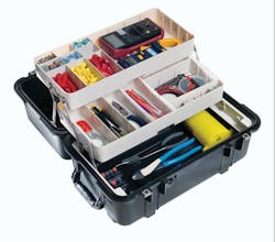PELICAN PRODUCTS INC. has introduced the 1460TOOL mobile tool chest, featuring a two-level, extra-deep, customizable tray system that lifts out of the case on reinforced stainless-steel brackets. The trays, with interchangeable dividers, accommodate a wide variety of configurations to protect and organize hand tools and accessories. When the case is closed, its lid and tray system form a seal that secures all parts inside so that the case can be flipped upside down and the contents will stay organized. The chest is engineered with an open cell-core wall, polymer construction that protects sensitive equipment from the harshest conditions. PELICAN PRODUCTS INC. has introduced the 1460TOOL mobile tool chest, featuring a two-level, extra-deep, customizable tray system that lifts out of the case on reinforced stainless-steel brackets. The trays, with interchangeable dividers, accommodate a wide variety of configurations to protect and organize hand tools and accessories. When the case is closed, its lid and tray system form a seal that secures all parts inside so that the case can be flipped upside down and the contents will stay organized. The chest is engineered with an open cell-core wall, polymer construction that protects sensitive equipment from the harshest conditions.