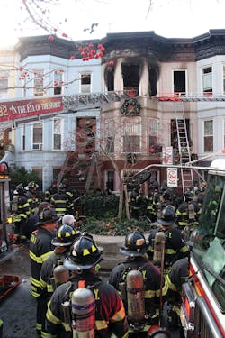 BROOKLYN, NY, DEC. 19, 2011 &ndash; Two firefighters were burned, one of them critically, during a mid-morning fire in a three-story brownstone-type structure. The fire occurred on the top floor of the occupied building in the Bedford-Stuyvesant section. One firefighter is required to undergo skin grafts and a several-months-long stay in the burn center. Photo by Bill Bennett