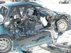 This T-bone intersection collision involved an SUV crashing into the passenger&rsquo;s side of this Saturn. The lightweight plastic-like construction of the doors failed significantly. If the rear door needed to be opened, it would be best if the rescue team were skilled in working with lightweight door construction.