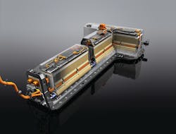 The cut-away view of the high-voltage, lithium-ion battery used in the Chevrolet VOLT clearly shows the components of this 360-volt unit. Electrical connections are on the front and top of the battery. Lower, blue connections are part of the liquid coolant circulating system. The cut-away view of the high-voltage, lithium-ion battery used in the Chevrolet VOLT clearly shows the components of this 360-volt unit. Electrical connections are on the front and top of the battery. Lower, blue connections are part of the liquid coolant circulating system.