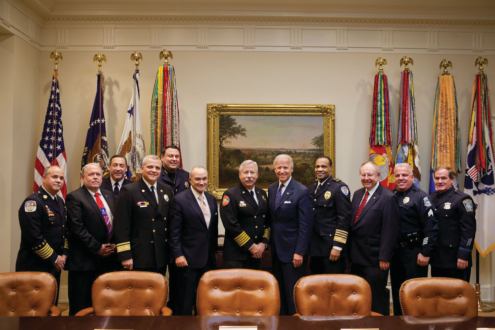 Representatives of public safety organizations participated with Vice President Joe Biden on a national public safety conference call update from the White House Roosevelt Room. Rear: Deputy Chief Charles F. Dowd, commanding officer, Communications Division, New York Police Department; and Chief Chris Dowd, San Jose, CA, Police Department. Front: Chief Charles Werner, Charlottesville, VA, Fire Department; Dick Mirgon, past president, APCO-International; Chief (ret.) Jeff Johnson, Tualatin Valley Fire & Rescue, Oregon, and executive director, Western Fire Chiefs Association; Commissioner Ray Kelly, New York Police Department; Chief Al Gillespie, North Las Vegas, NV, Fire Department, and president, International Association of Fire Chiefs; Vice President Biden; Chief Walter McNeil, Quincy, FL, Police Department, and president, International Association of Chiefs of Police; Chief Harlin R. McEwen, chairman, Communications and Technology Committee, International Association of Chiefs of Police; Sergeant Mick McHale, Sarasota, FL, Police Department, and vice president, National Association of Police Organizations; and Tom Nee, president, Boston Police Patrolmen&rsquo;s Association, and president, National Association of Police Organizations. Official White House Photo