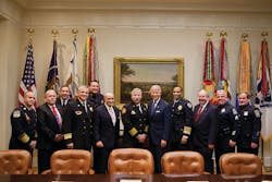 Representatives of public safety organizations participated with Vice President Joe Biden on a national public safety conference call update from the White House Roosevelt Room. Rear: Deputy Chief Charles F. Dowd, commanding officer, Communications Division, New York Police Department; and Chief Chris Dowd, San Jose, CA, Police Department. Front: Chief Charles Werner, Charlottesville, VA, Fire Department; Dick Mirgon, past president, APCO-International; Chief (ret.) Jeff Johnson, Tualatin Valley Fire &amp; Rescue, Oregon, and executive director, Western Fire Chiefs Association; Commissioner Ray Kelly, New York Police Department; Chief Al Gillespie, North Las Vegas, NV, Fire Department, and president, International Association of Fire Chiefs; Vice President Biden; Chief Walter McNeil, Quincy, FL, Police Department, and president, International Association of Chiefs of Police; Chief Harlin R. McEwen, chairman, Communications and Technology Committee, International Association of Chiefs of Police; Sergeant Mick McHale, Sarasota, FL, Police Department, and vice president, National Association of Police Organizations; and Tom Nee, president, Boston Police Patrolmen&rsquo;s Association, and president, National Association of Police Organizations. Official White House Photo