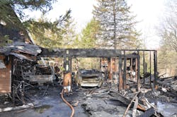 Overview of fire scene in Barkhamstead, CT, showing a Suzuki Samurai in the left bay and a Chevrolet Volt in right bay. Overview of fire scene in Barkhamstead, CT, showing a Suzuki Samurai in the left bay and a Chevrolet Volt in right bay.