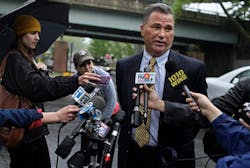 After watching Guantanamo court proceedings, Jim Riches, father of fallen FDNY Firefighter Jimmy Riches, talks to the media on May 5.
