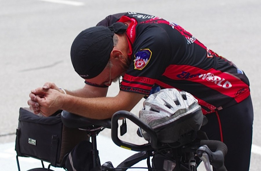 A member of the Muddy Angels takes a well-deserved lunch break at the Mount Airy Volunteer Fire Department in Maryland on May 25 during the EMS Memorial Bike Ride.