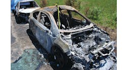 High-voltage lithium ion batteries will be damaged by a vehicle fire to this extent. Special new protocols need to be followed by fire department personnel.