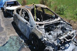 High-voltage lithium ion batteries will be damaged by a vehicle fire to this extent. Special new protocols need to be followed by fire department personnel. High-voltage lithium ion batteries will be damaged by a vehicle fire to this extent. Special new protocols need to be followed by fire department personnel.