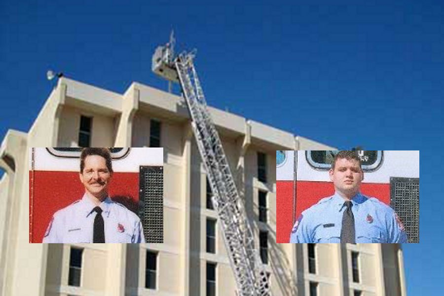 Photos of Kilgore firefighters Kyle Perkins, left, and Cory Galloway are seen on top of a recreation of the incident done by NIOSH.