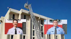 Photos of Kilgore firefighters Kyle Perkins, left, and Cory Galloway are seen on top of a recreation of the incident done by NIOSH.