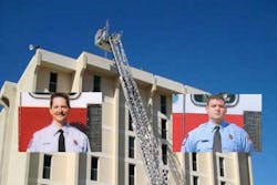 Photos of Kilgore firefighters Kyle Perkins, left, and Cory Galloway are seen on top of a recreation of the incident done by NIOSH.