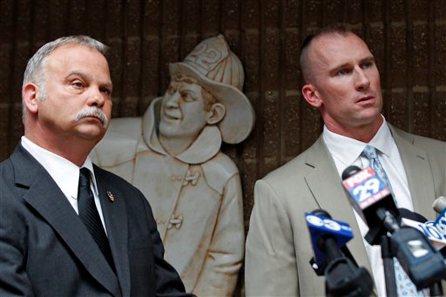Union president Bill Gault, left, says Philadelphia Fire Commissioner Lloyd Ayers and two deputies are responsible for tactical errors made during a blaze that killed two firefighters on April 9.
