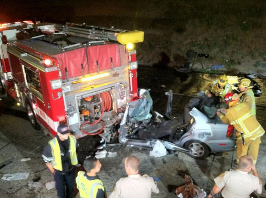 A driver was injured on May 7 after striking a parked San Bernardino County fire engine that was tending to a traffic collision.