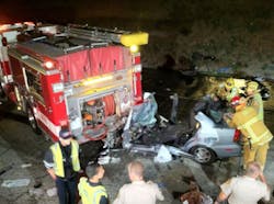 A driver was injured on May 7 after striking a parked San Bernardino County fire engine that was tending to a traffic collision.