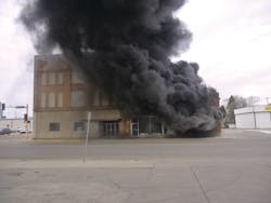 The original fire building, the North Star Building, is right in the view of side A. The exposure at left is the vacant former Elks Building. The photo was taken nine minutes after dispatch. The original fire building, the North Star Building, is right in the view of side A. The exposure at left is the vacant former Elks Building. The photo was taken nine minutes after dispatch.