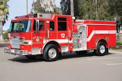 The San Diego, CA, Fire-Rescue Department designs its engine company apparatus to serve in a variety of geographic areas, including the ability to operate in off-road conditions during wildland fires. Note the short front bumper and rear body overhang designed to improve the angle of approach and departure.