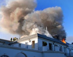 A Beverly Hills firefighter was injured battling a large mansion fire in a gated community Friday night. A Beverly Hills firefighter was injured battling a large mansion fire in a gated community Friday night.