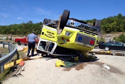 A Western Taney County water tanker rolled over as the driver attempted to make a left hand turn while responding to a brush fire. A Western Taney County water tanker rolled over as the driver attempted to make a left hand turn while responding to a brush fire.