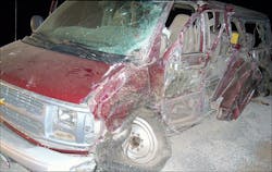 Ten wildland firefighters en route to the Briley Mountain Fire were injured early Tuesday morning after their van crashed head on with a tractor-trailer. Ten wildland firefighters en route to the Briley Mountain Fire were injured early Tuesday morning after their van crashed head on with a tractor-trailer.