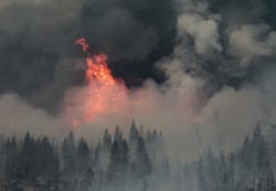 Flames and smoke from the Ponderosa Fire are seen near Paynes Creek, Calif. on Aug. 20.