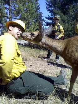 A group of Eastside firefighters battling the Taylor Bridge Fire came in contact with a doe who was nursing but without food because her feeding ground was destroyed.