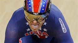 Bakersfield, Calif. Firefighter Jimmy Watkins competes during a track cycling men&apos;s sprint event on Aug. 4.