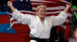 Kayla Harrison celebrates after winning the gold medal in the women&apos;s 78-kg judo competition at the 2012 Summer Olympics in London on Aug. 2.
