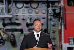 Ohio firefighter Doug Stern addresses the Democratic National Convention in Charlotte, N.C. on Sept. 4.