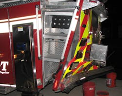 A Central County ladder truck was struck while leaving the scene of a crash the night of Sept. 15. A Central County ladder truck was struck while leaving the scene of a crash the night of Sept. 15.