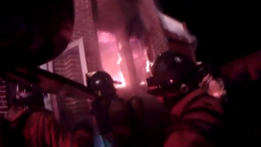 Three people, including a small child and a young pregnant woman, had to be rescued from the porch roof of a burning West Manchester Township, Pa. home on Sept. 9.