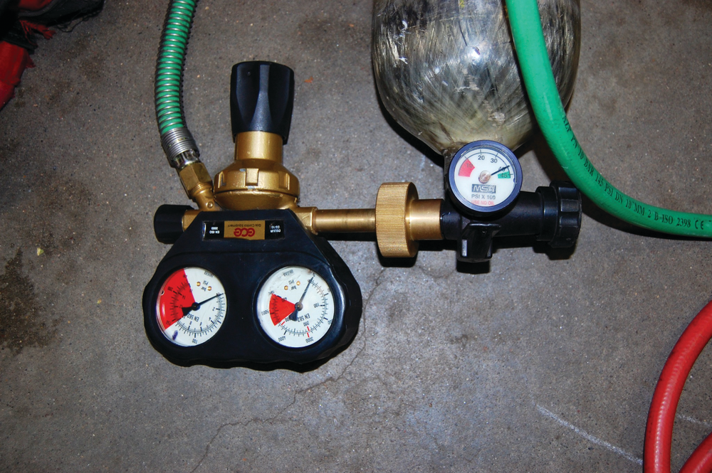 Photo 1: This pressure regulator has high- and low-pressure gauges that read the pressure in the air supply source, such as a 4,500 psi SCBA.